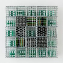 Tic-Tac-Toe, 2015 Enamel on copper, printed tin, hardware cloth, found dice 7 x 7 x 3”