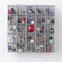 Red Bingo, 2016 Fabricated steel hardware cloth and found objects 7 x 7 x 3