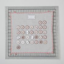 COVID Calendar #1, May 2020 Enamel on copper, steel hardware cloth, cotton napkin 16 x 16 x ½”