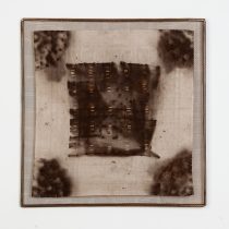 Rust #2, 2023 Rust and tannin dyed damask napkins, bronze screen, steel frame 20 x 20 x 1/2