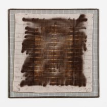Rust #3, 2023 Rust and tannin dyed damask napkins, bronze screen, steel frame 20 x 20 x 1/2