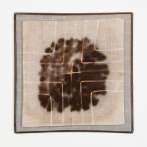 Rust #4, 2023 Rust and tannin dyed damask napkins, bronze screen, steel frame 20 x 20 x 1/2