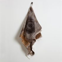 Drape #2, 2023 Rust dyed damask napkins, vitreous enamel on copper, found laundry pin 38 x 16 x 3' (approx.)