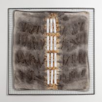 Fortunes, 2025 Enamel on copper, rust and tannin-dyed damask napkins, steel 24 x 24 x 1”